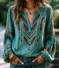 Teal Brown Embroidered Peasant Blouse