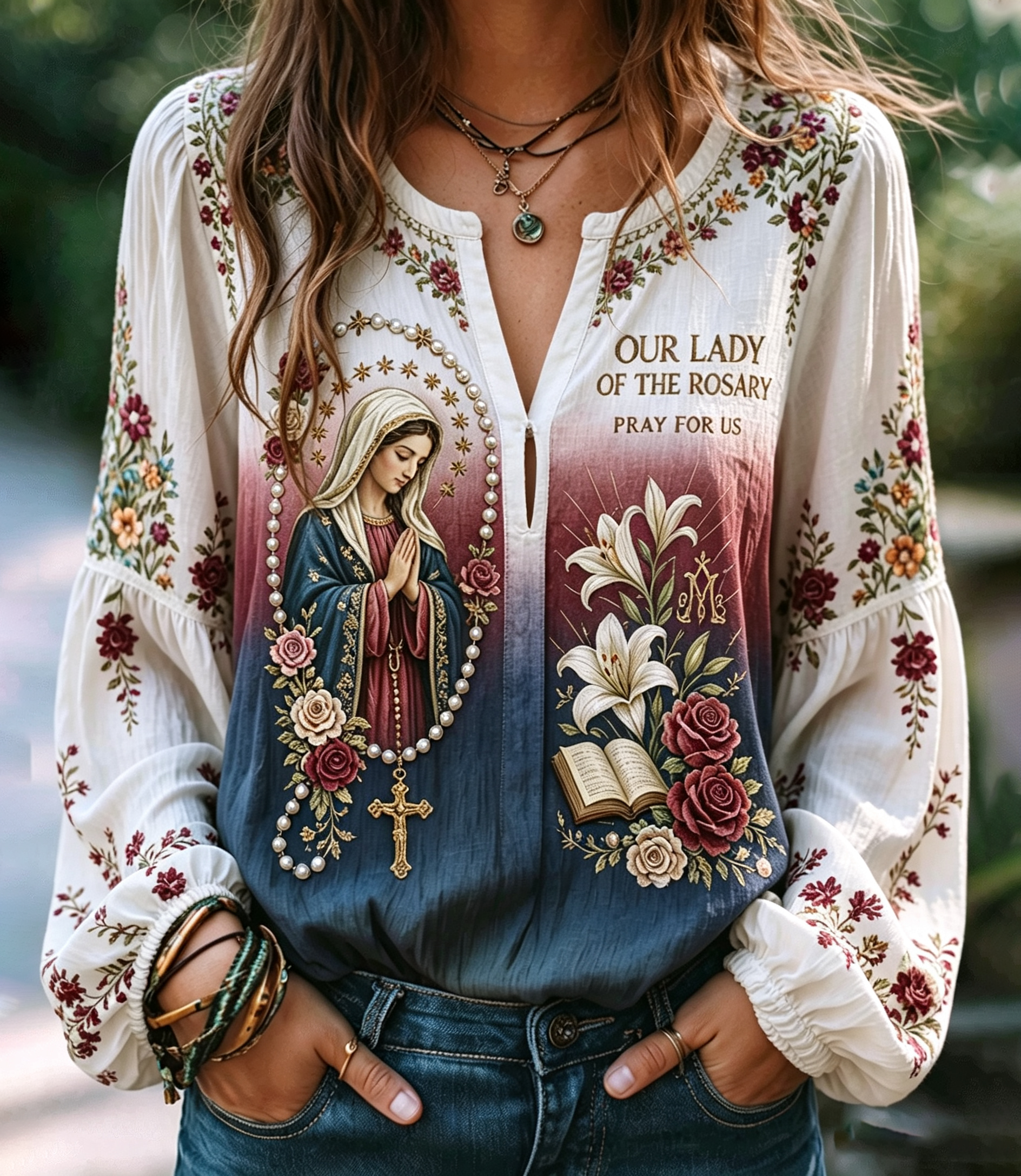 White Floral Religious Print Blouse