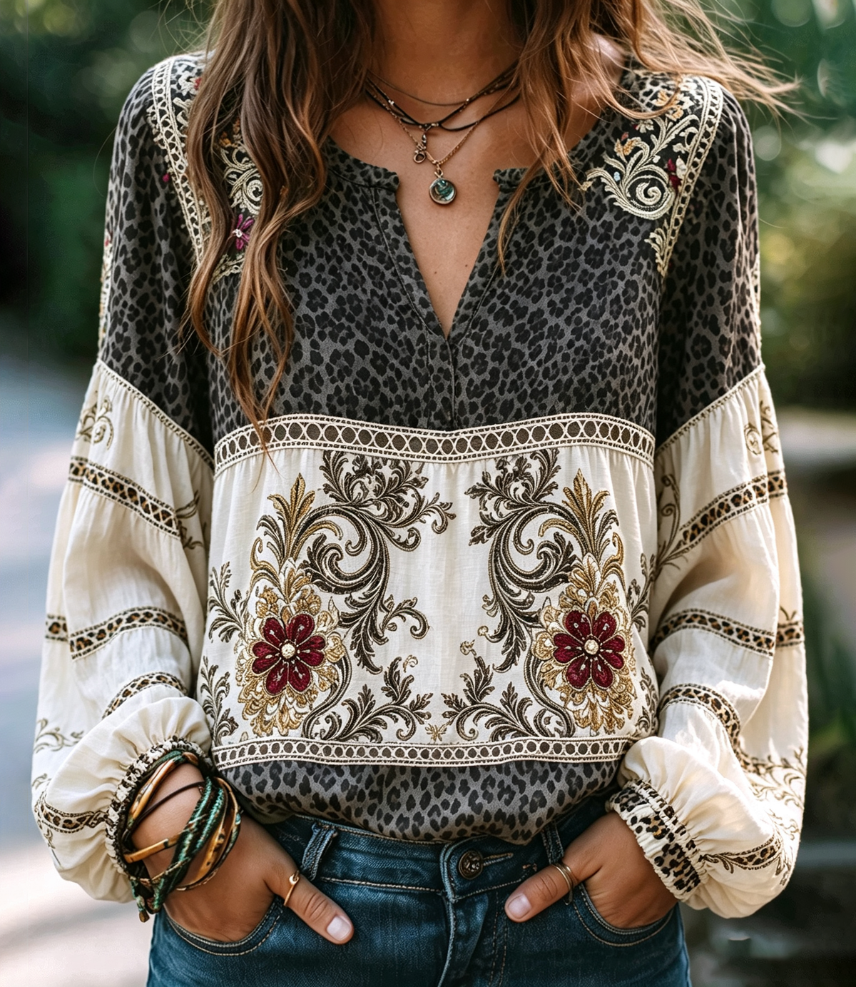 Grey Leopard Floral Embroidered Blouse