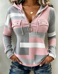 Pink Grey Striped Knit Hoodie