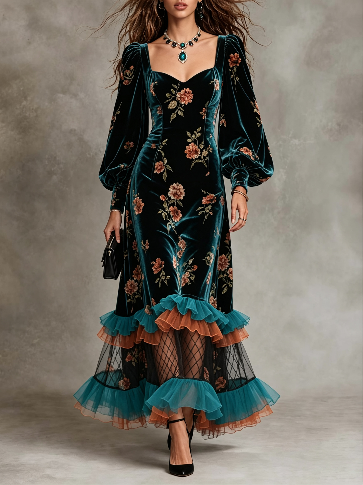 Black Floral Velvet Ruffle Maxi Dress