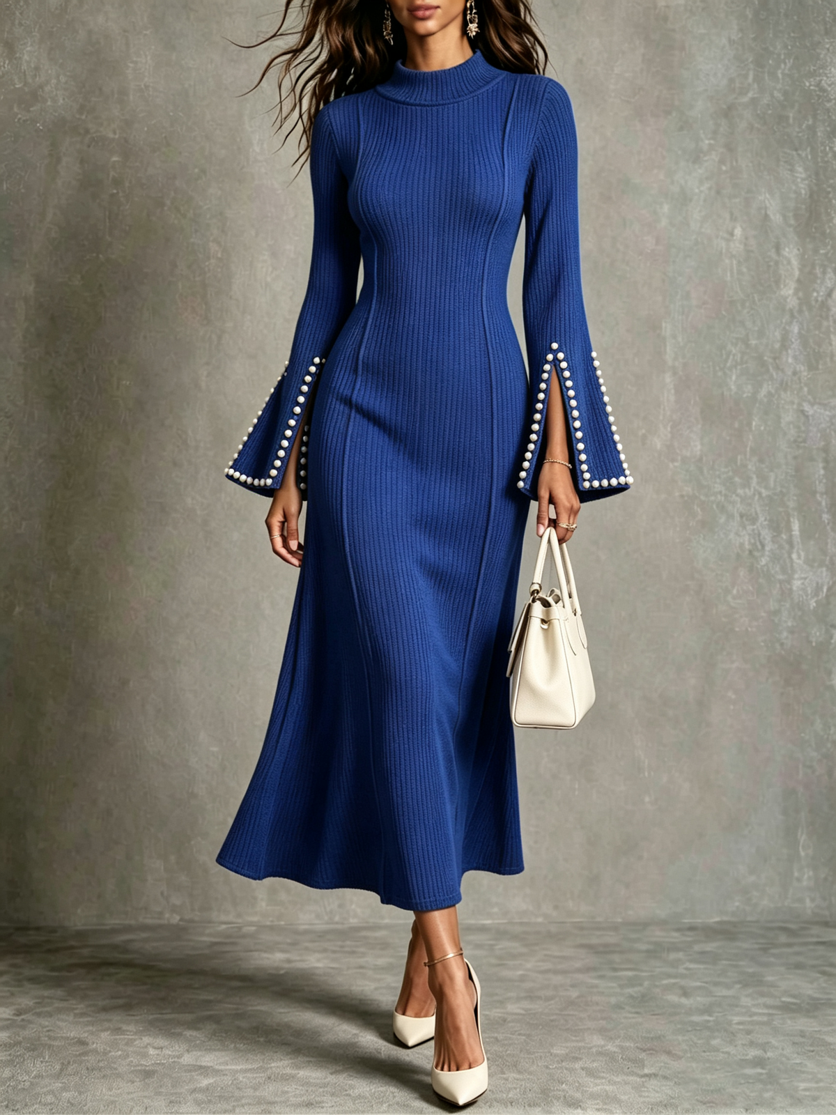 Royal Blue Ribbed Pearl Cuff Midi Dress