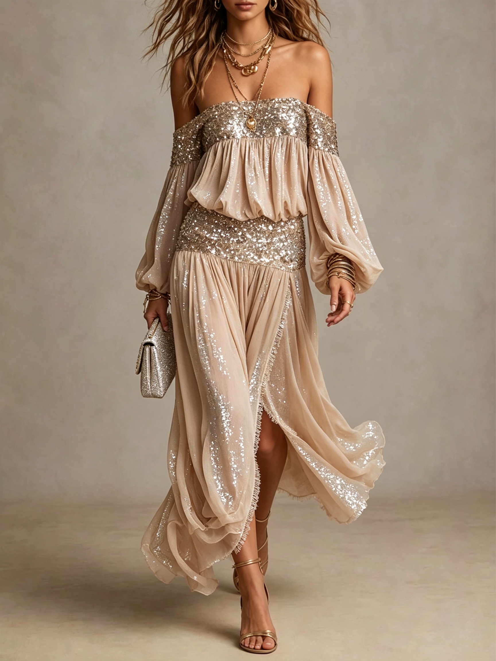 Champagne Sequin Ruffle Maxi Dress