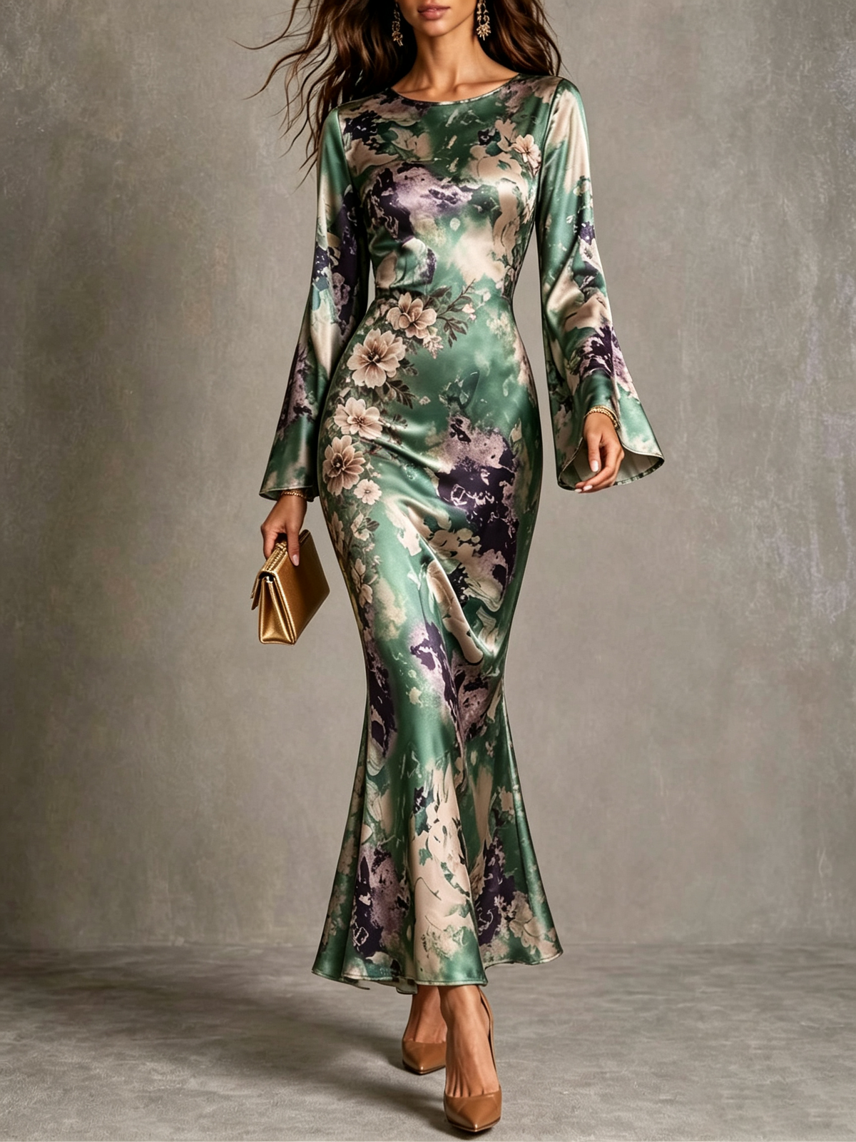 Green Floral Silk Mermaid Dress