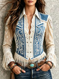 Blue Cream Fringe Western Blouse