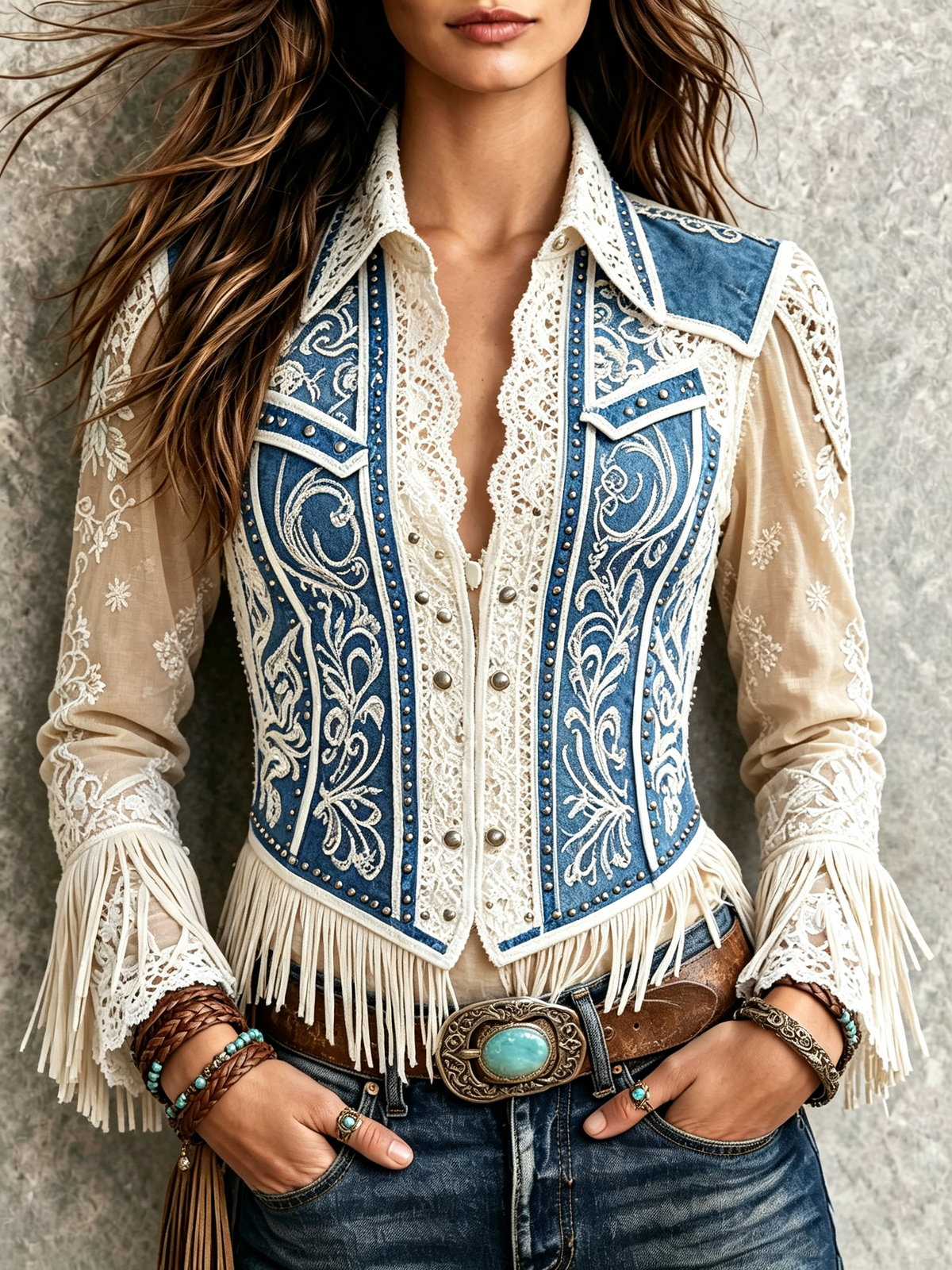 Blue Cream Fringe Western Blouse