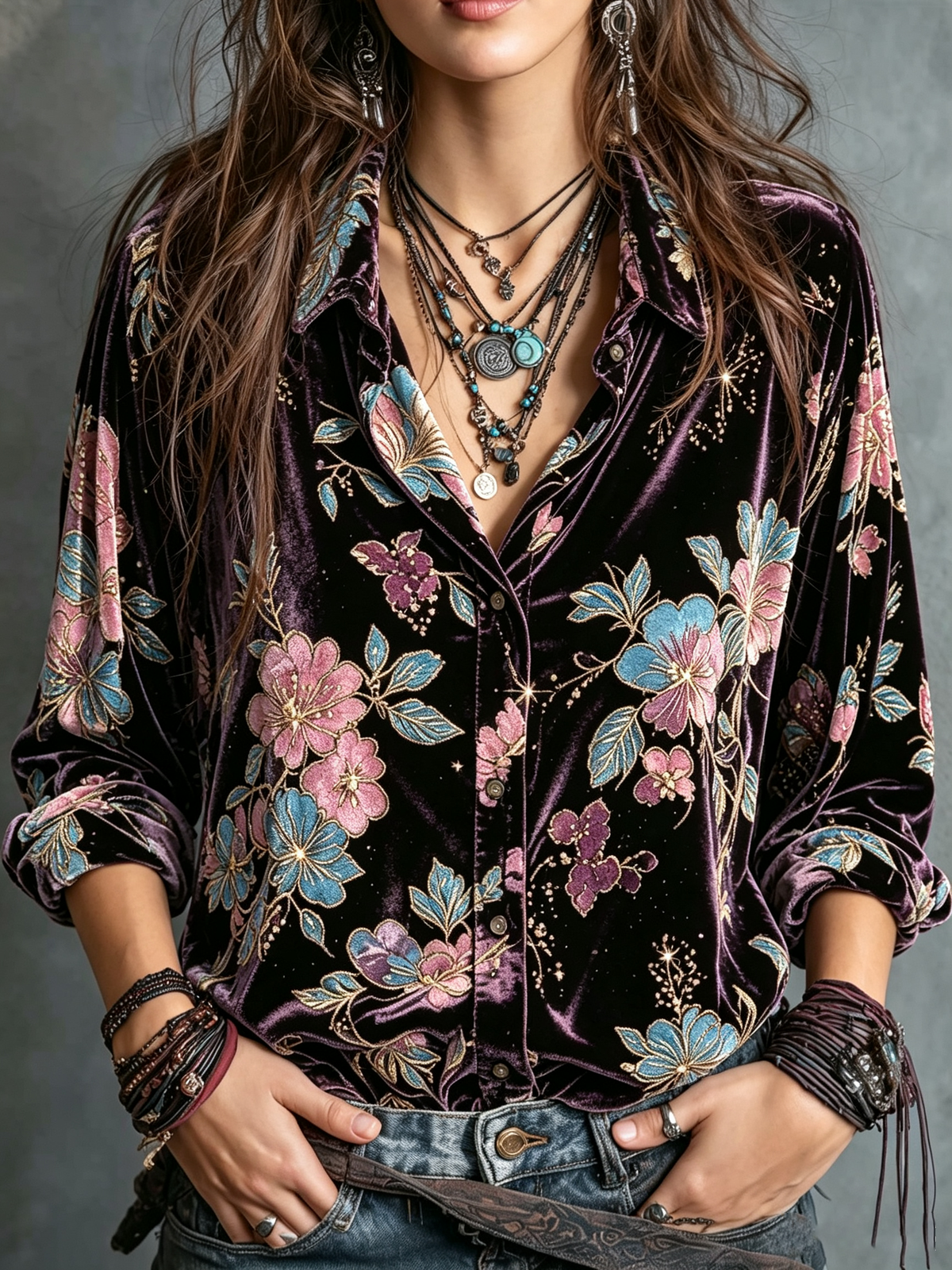 Purple Floral Velvet Shirt