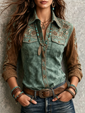 Green Brown Western Embroidered Shirt