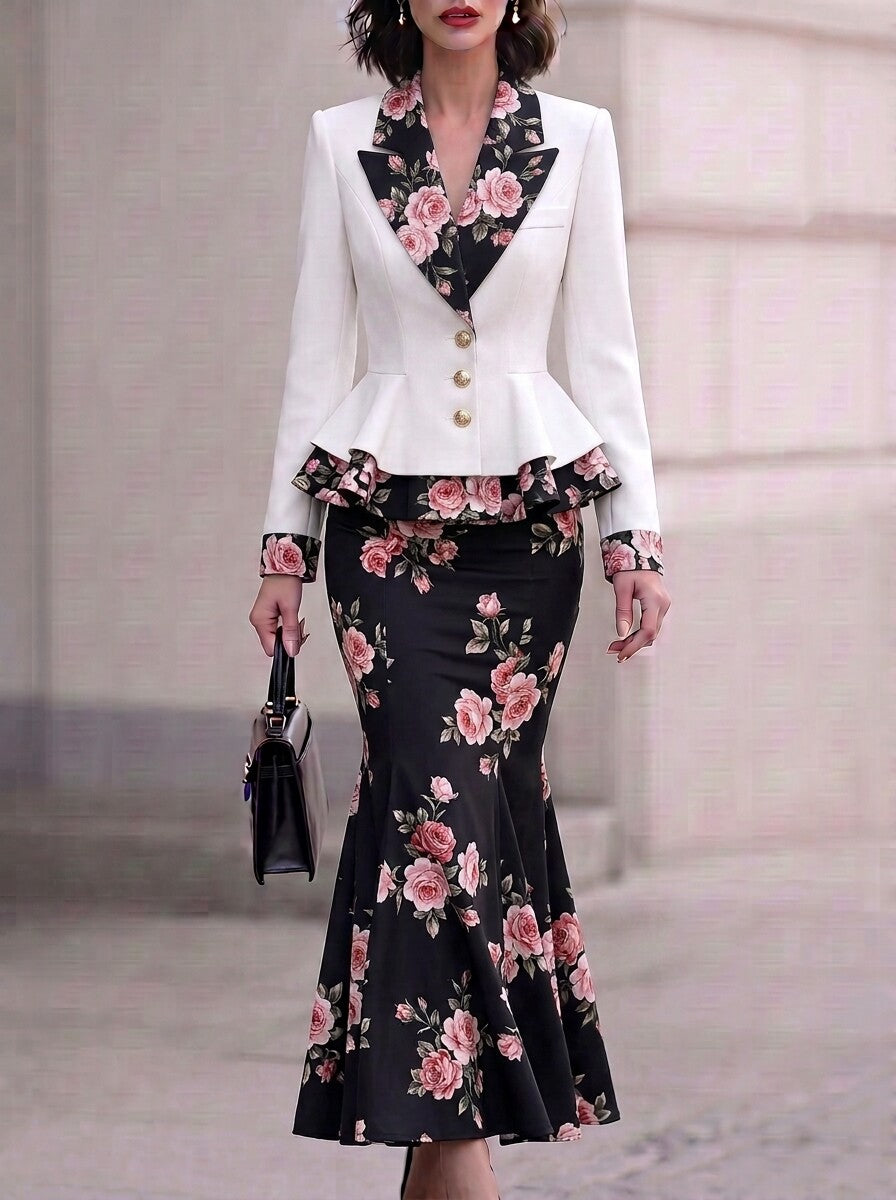 White Floral Lapel Peplum Two-Piece Set