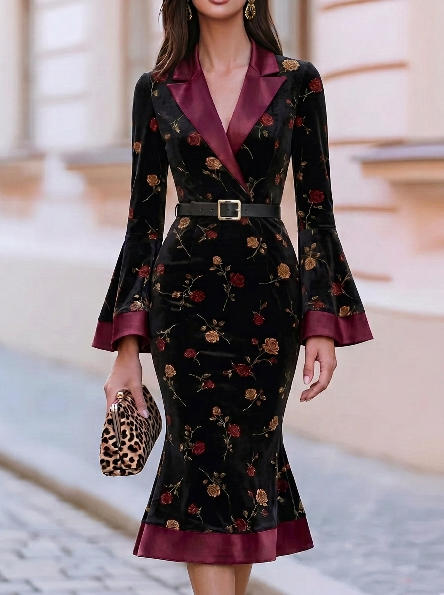 Black Rose Velvet Flare Sleeve Midi Dress