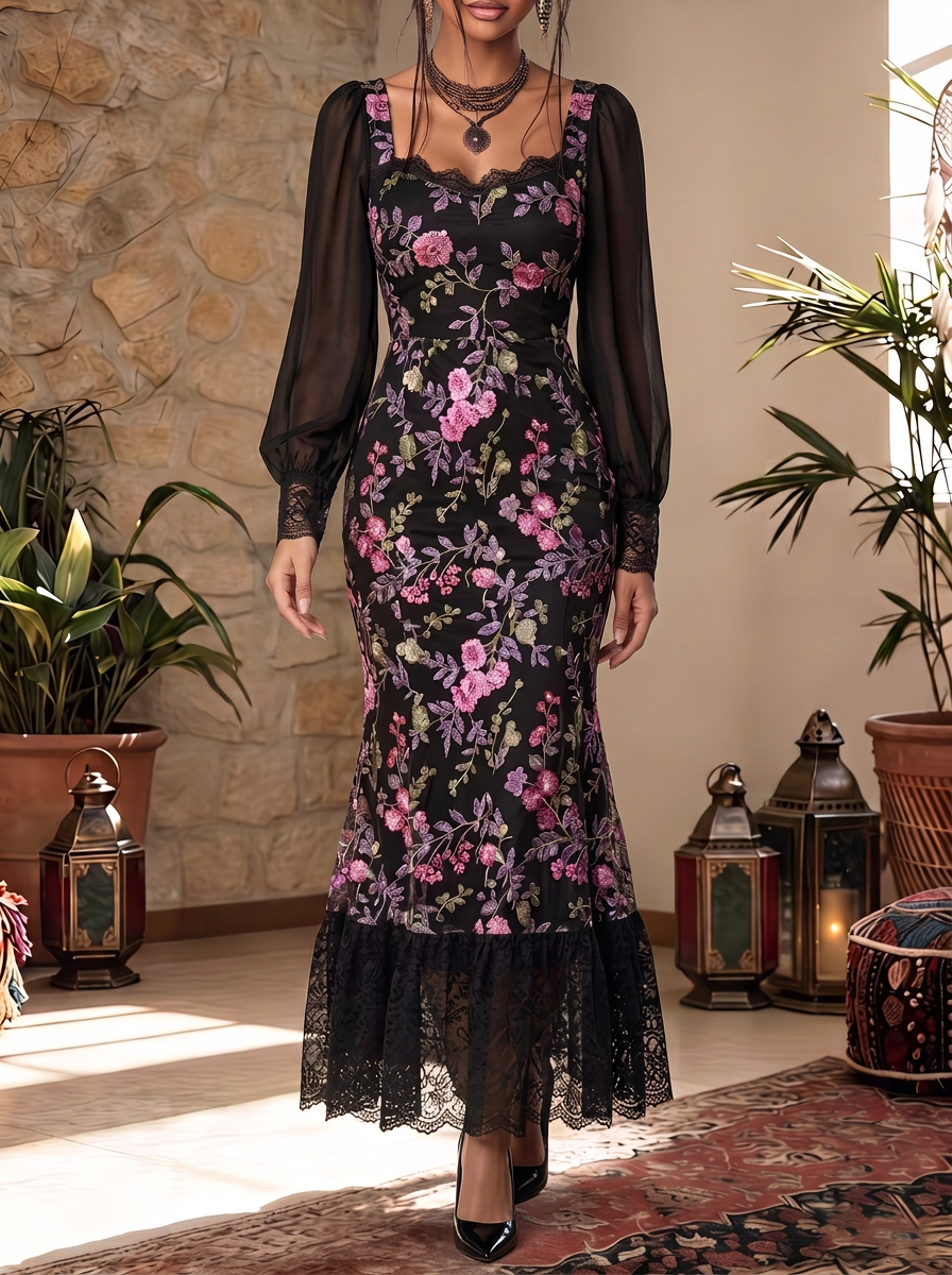 Black Floral Sheer Sleeve Mermaid Dress