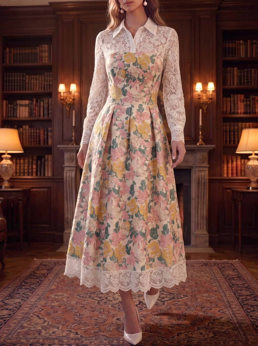 Cream Floral Lace Collar Midi Dress