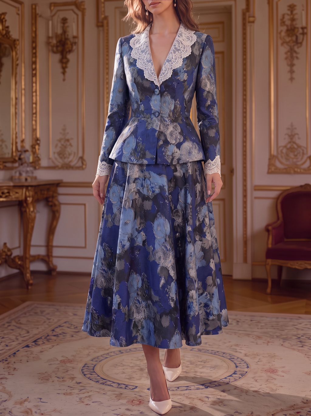 Blue Floral Lace Peplum Suit Set