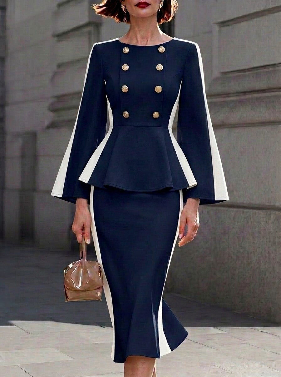 Navy White Double-Breasted Peplum Dress