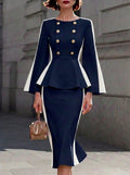 Navy White Double-Breasted Peplum Dress