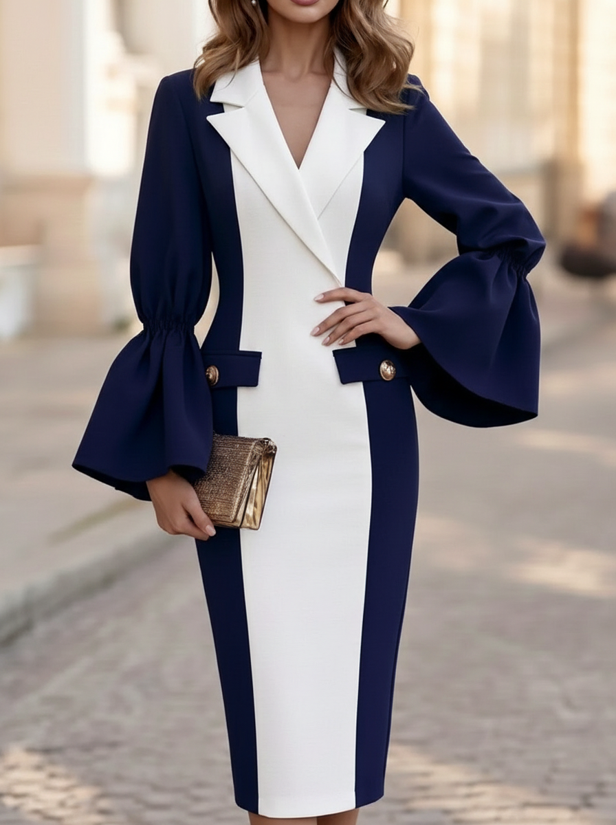 Navy White Wrap Bell Sleeve Dress
