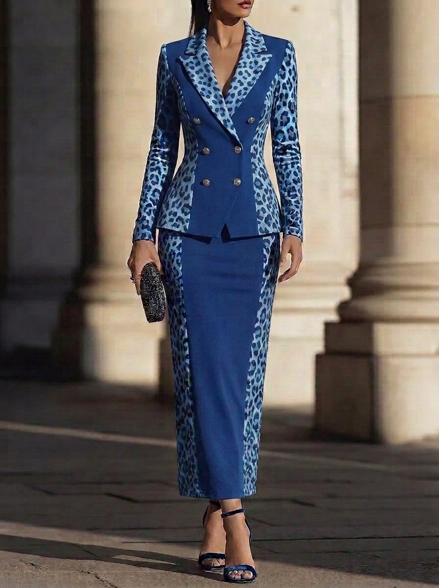 Blue Leopard Print Double-Breasted Skirt Set