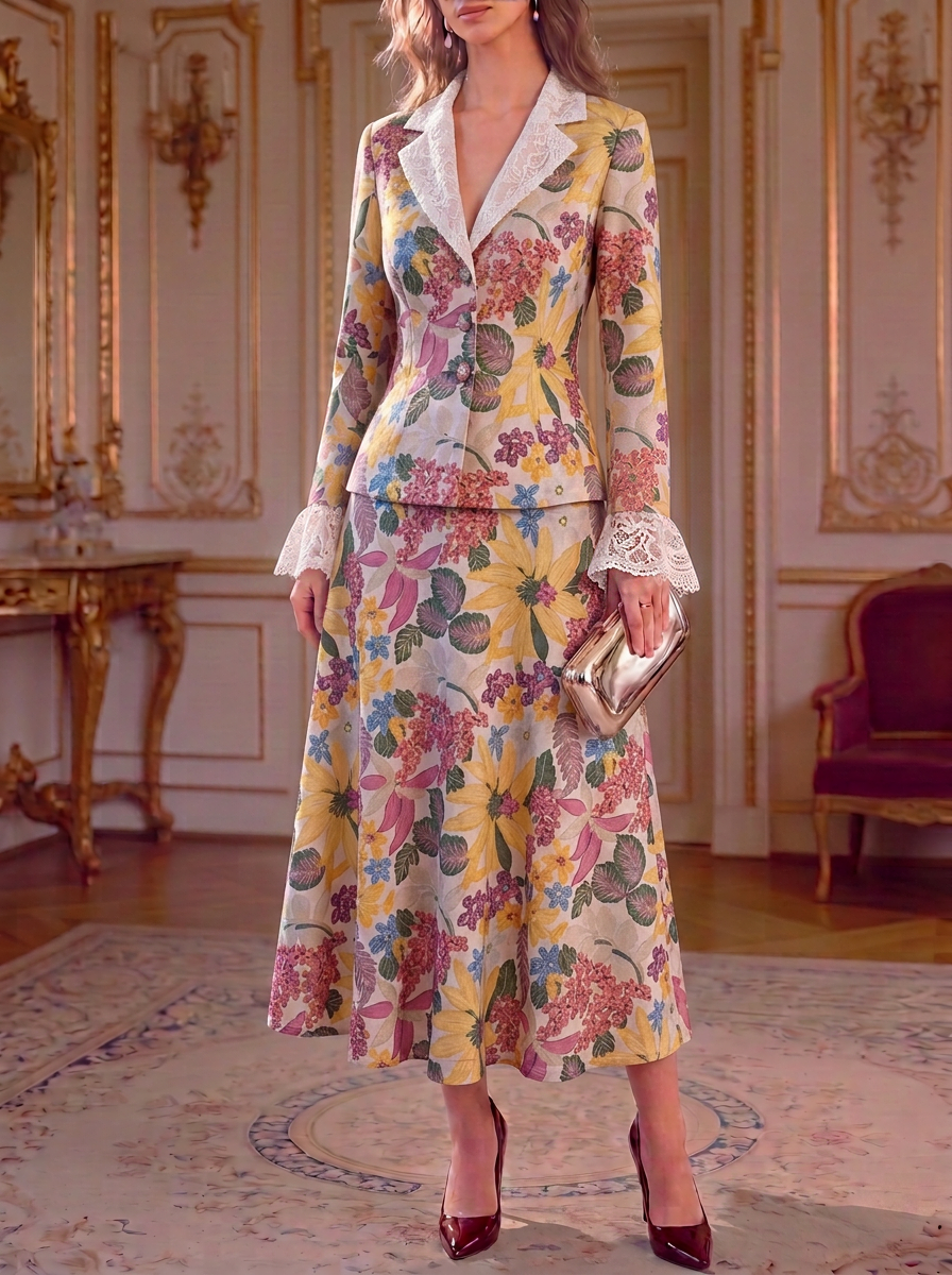 Yellow Floral Lace Peplum Suit Set
