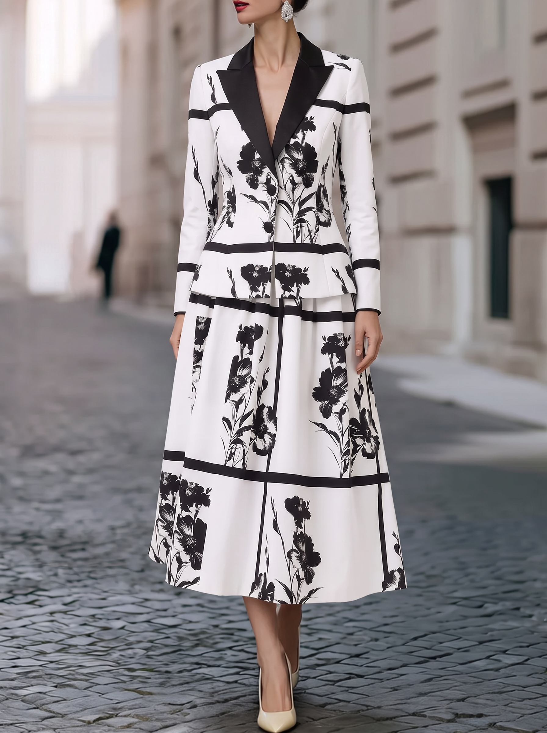 White Black Floral Peplum Skirt Set