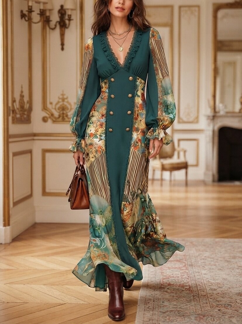 Teal Floral Double-Breasted Maxi Dress