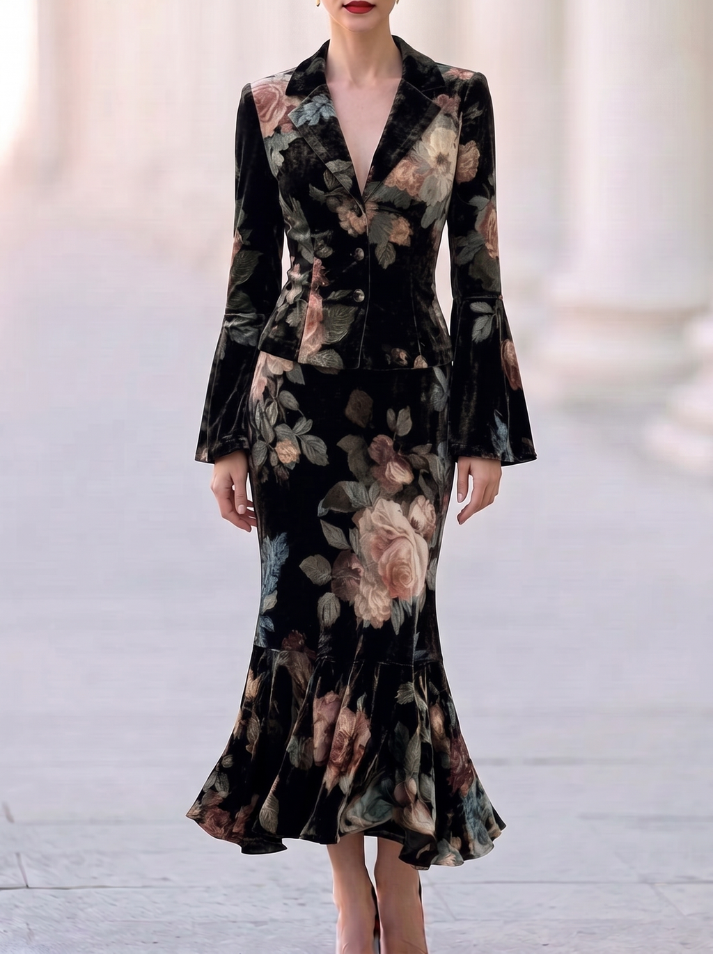 Black Velvet Floral Peplum Suit Set