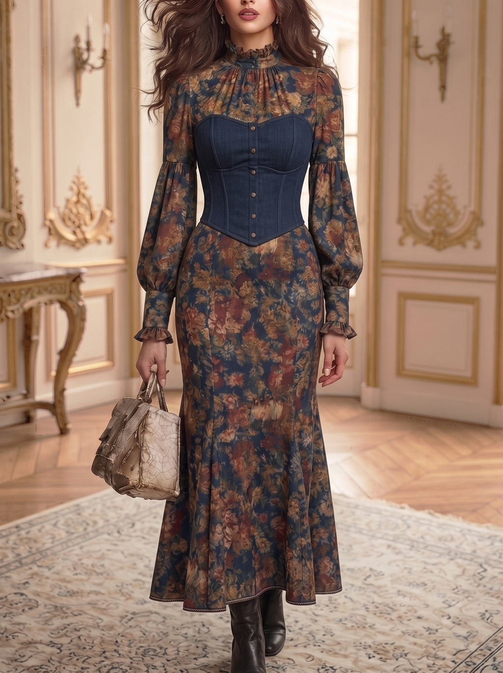 Denim Corset Floral Mermaid Dress