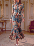 Blue Floral High Neck Ruffle Dress