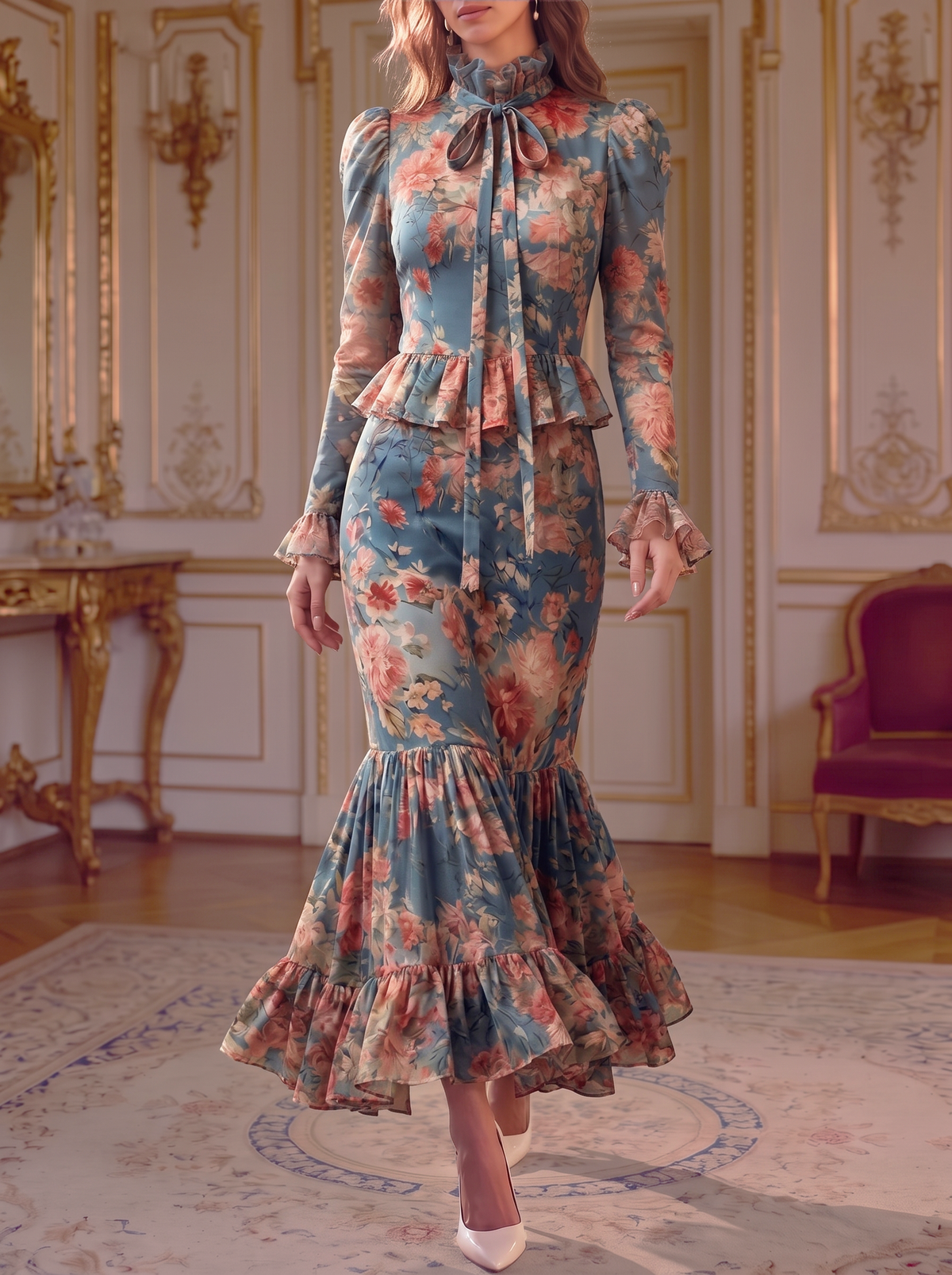 Blue Floral High Neck Ruffle Dress