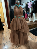 Brown Halter Tiered Tulle Maxi Dress