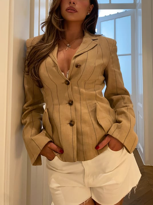 Tan Pinstripe Fitted Blazer