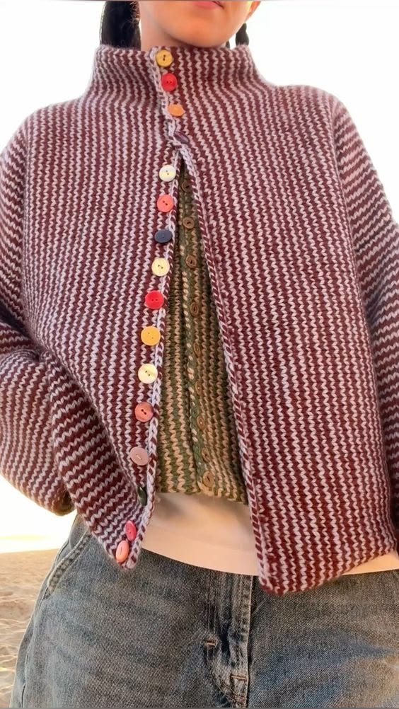 Maroon Chevron Button Cardigan