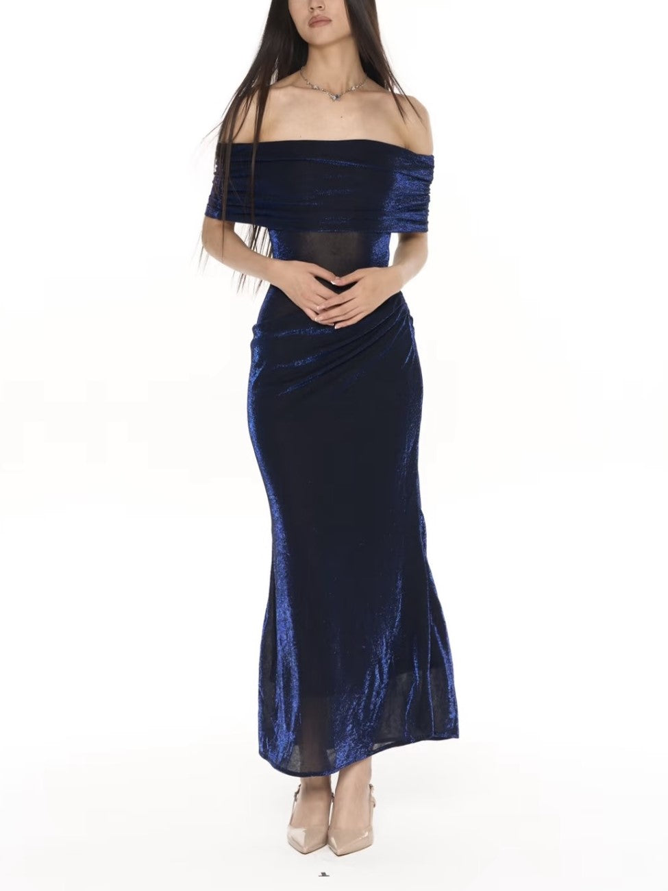Navy Blue Ruched Off-Shoulder Dress