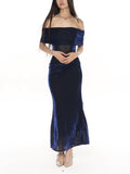 Navy Blue Ruched Off-Shoulder Dress