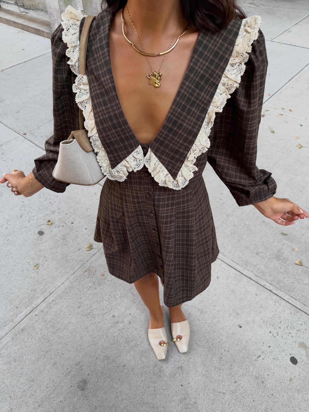 Brown Plaid Lace Collar Mini Dress