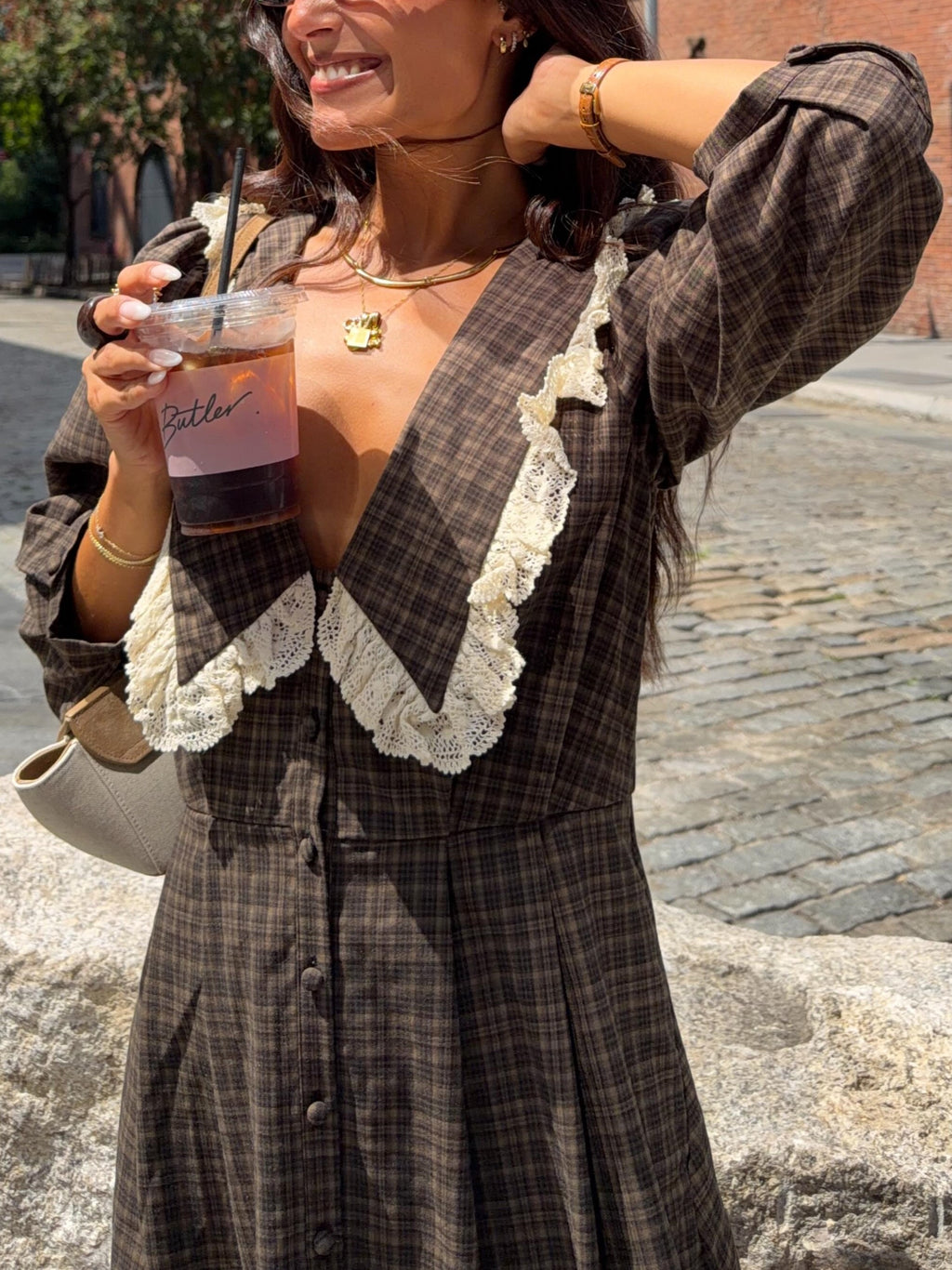 Brown Plaid Lace Collar Mini Dress