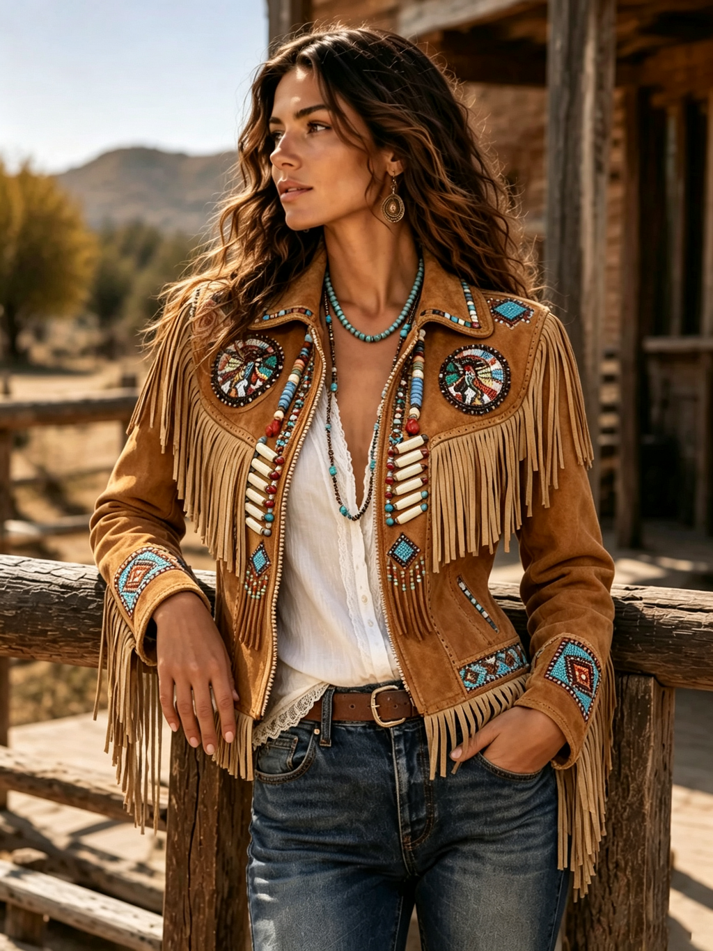 Tan Beaded Fringe Western Jacket