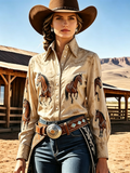 Beige Horse Print Western Shirt