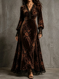 Brown Floral Velvet Maxi Dress