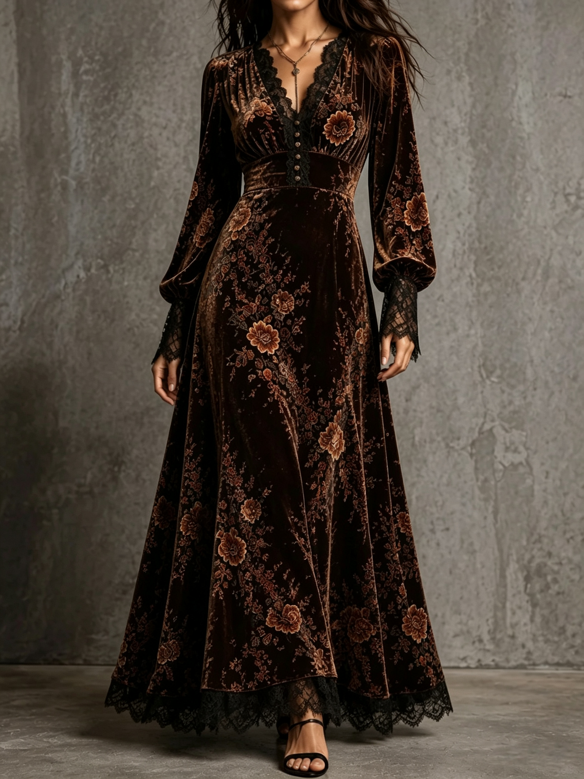 Brown Floral Velvet Maxi Dress