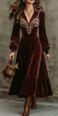 Burgundy Velvet Embroidered Maxi Dress