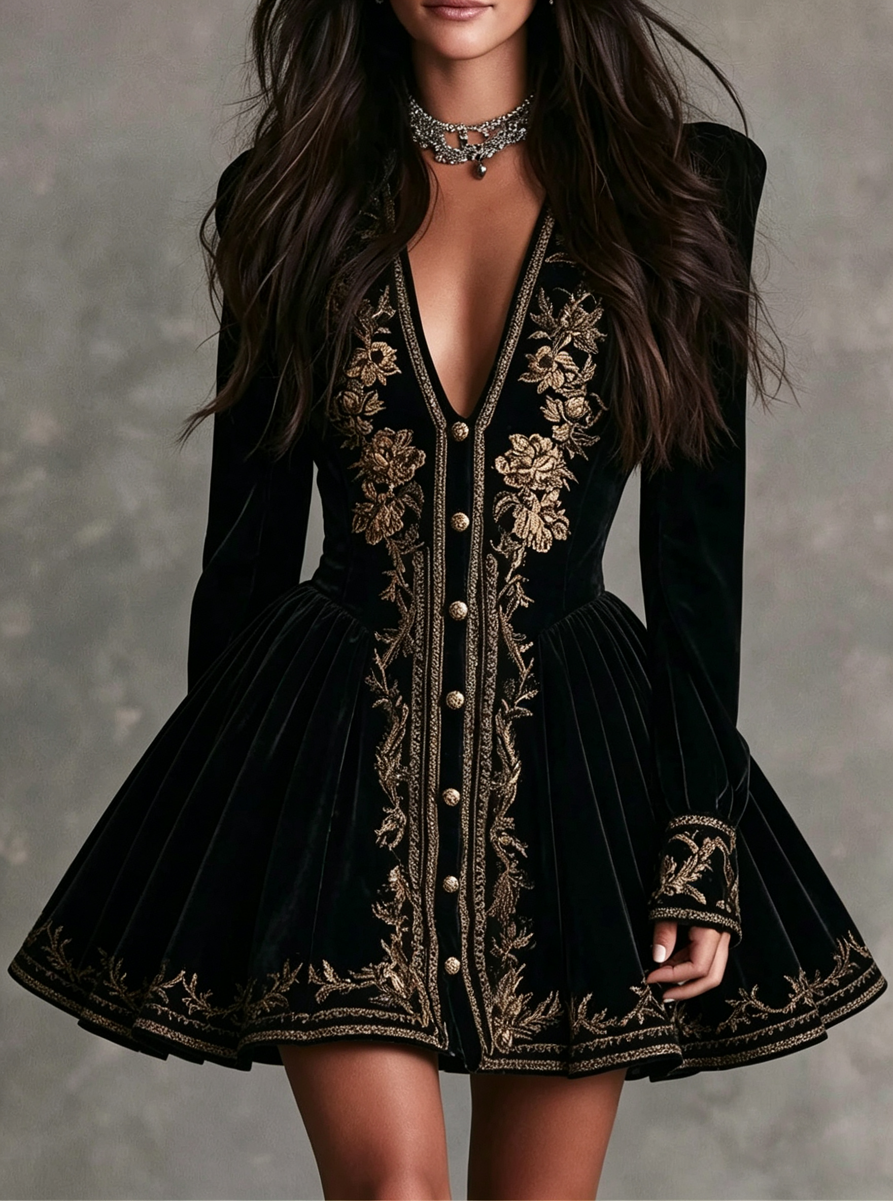 Black Gold Embroidered Velvet Dress