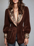 Brown Velvet Floral Lapel Blazer