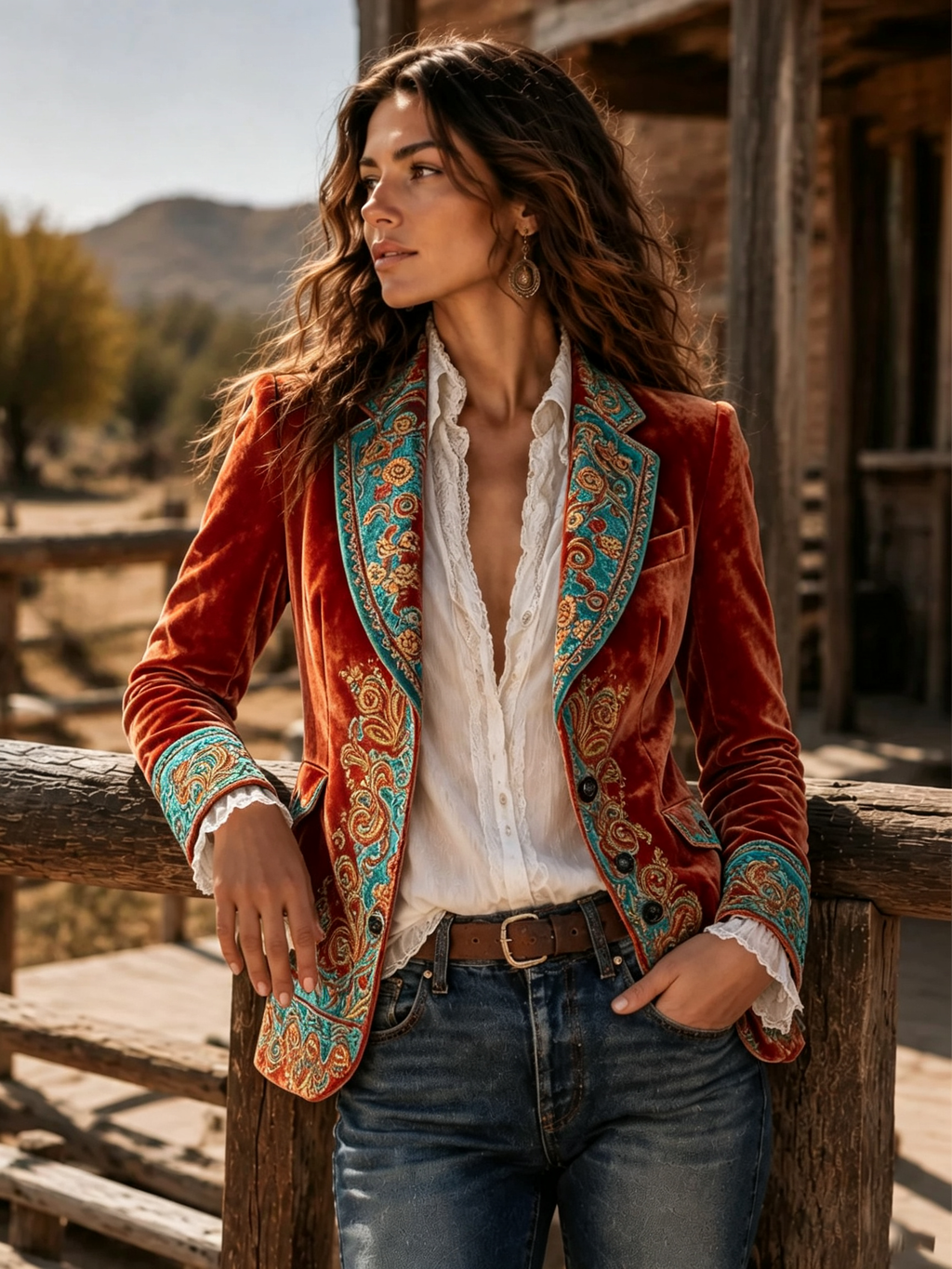 Rust Embroidered Velvet Blazer
