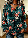 Green Floral Velvet Button-Up Top