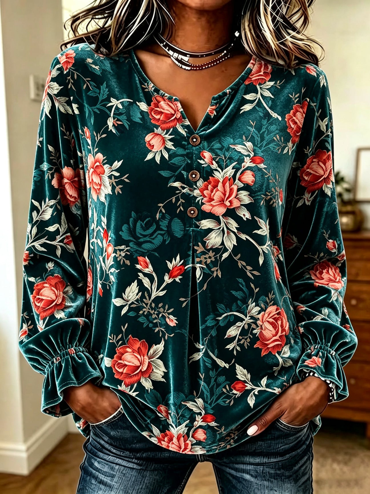 Green Floral Velvet Button-Up Top
