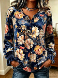 Navy Floral Velvet Button-Up Top