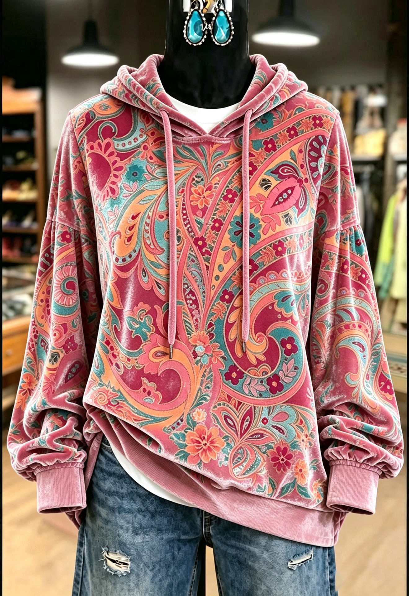 Pink Paisley Velvet Hoodie