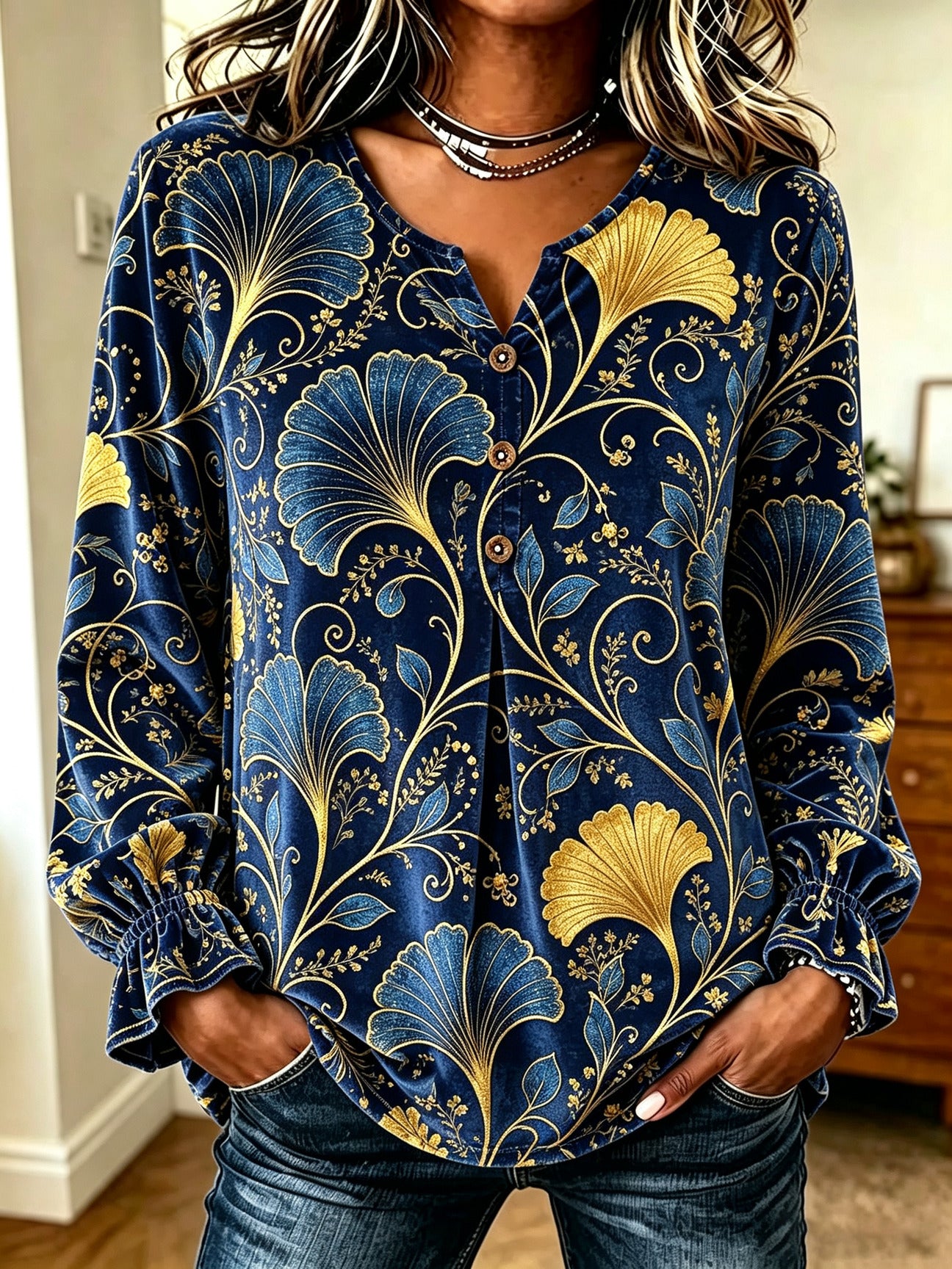 Navy Gold Floral Velvet Top