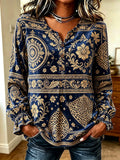 Navy Gold Paisley Velvet Blouse