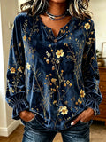 Navy Gold Floral Velvet Top